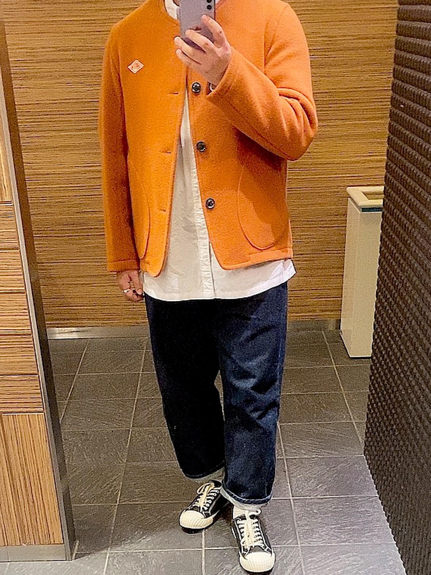 DANTONのノーカラージャケット（オレンジ系）を使った人気ファッション