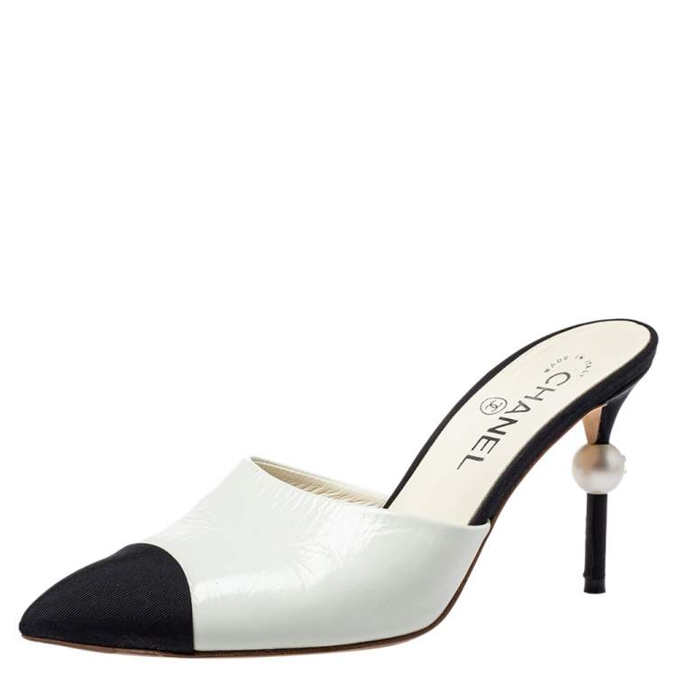 Chanel White/Black Canvas And Leather CC Pearl Heel Pointed Toe