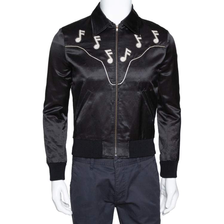 Saint Laurent Paris Black Musical Note Embroidered Satin Teddy