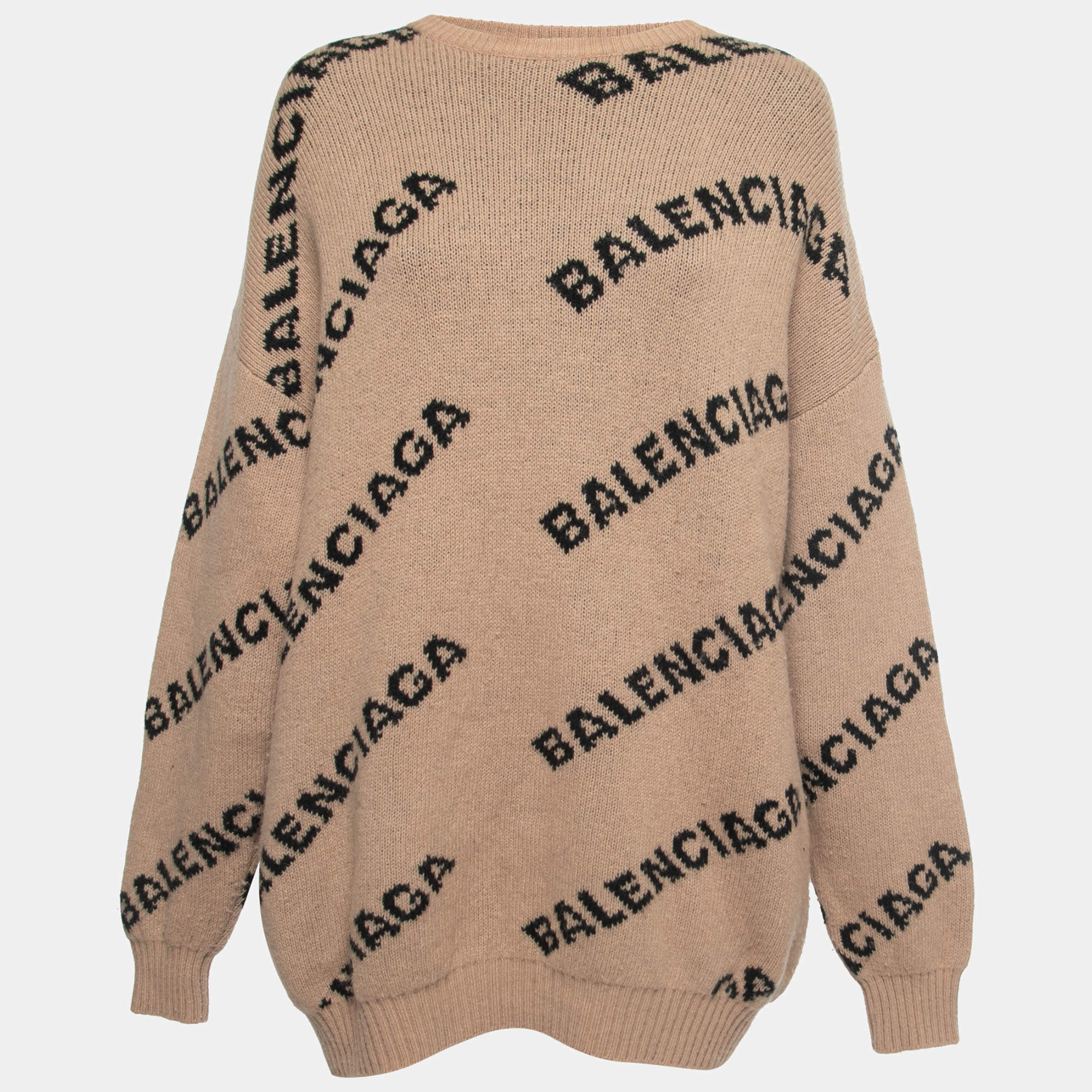 Balenciaga Beige Logo Intarsia Wool Knit Oversized Sweater M