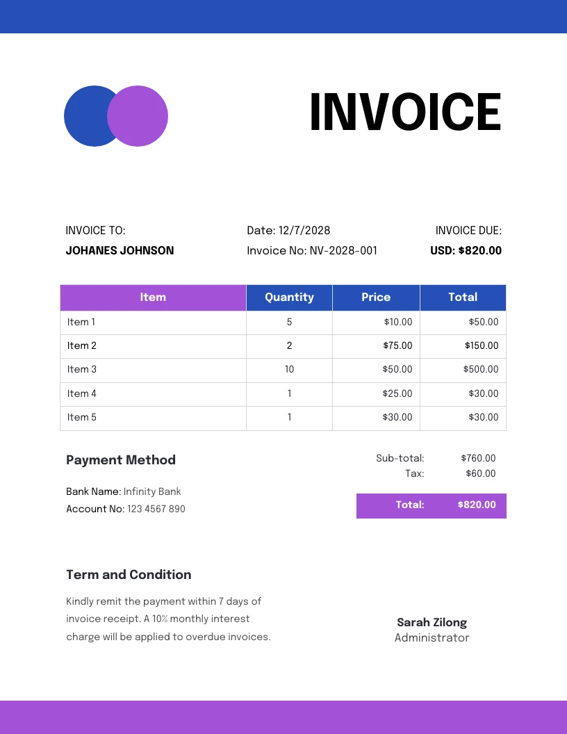 Blue Purple Clean Business Invoice Template - Venngage