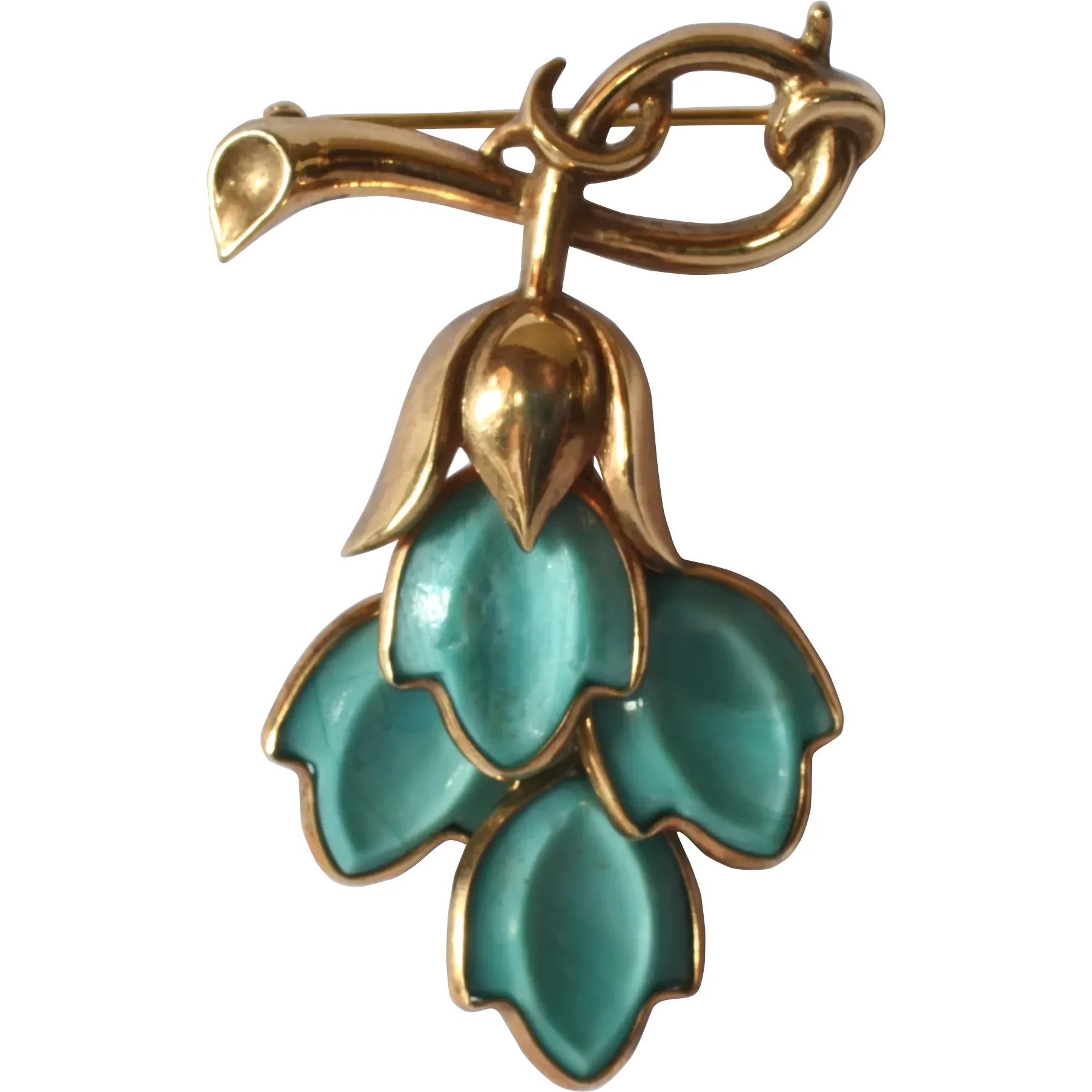Vintage Trifari Crown gold tone/faux turquoise leaf brooch, pre