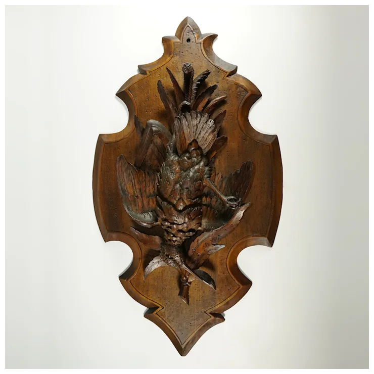 Antique Swiss Black Forest Hand Carved Wood Wall Plaque, Signed