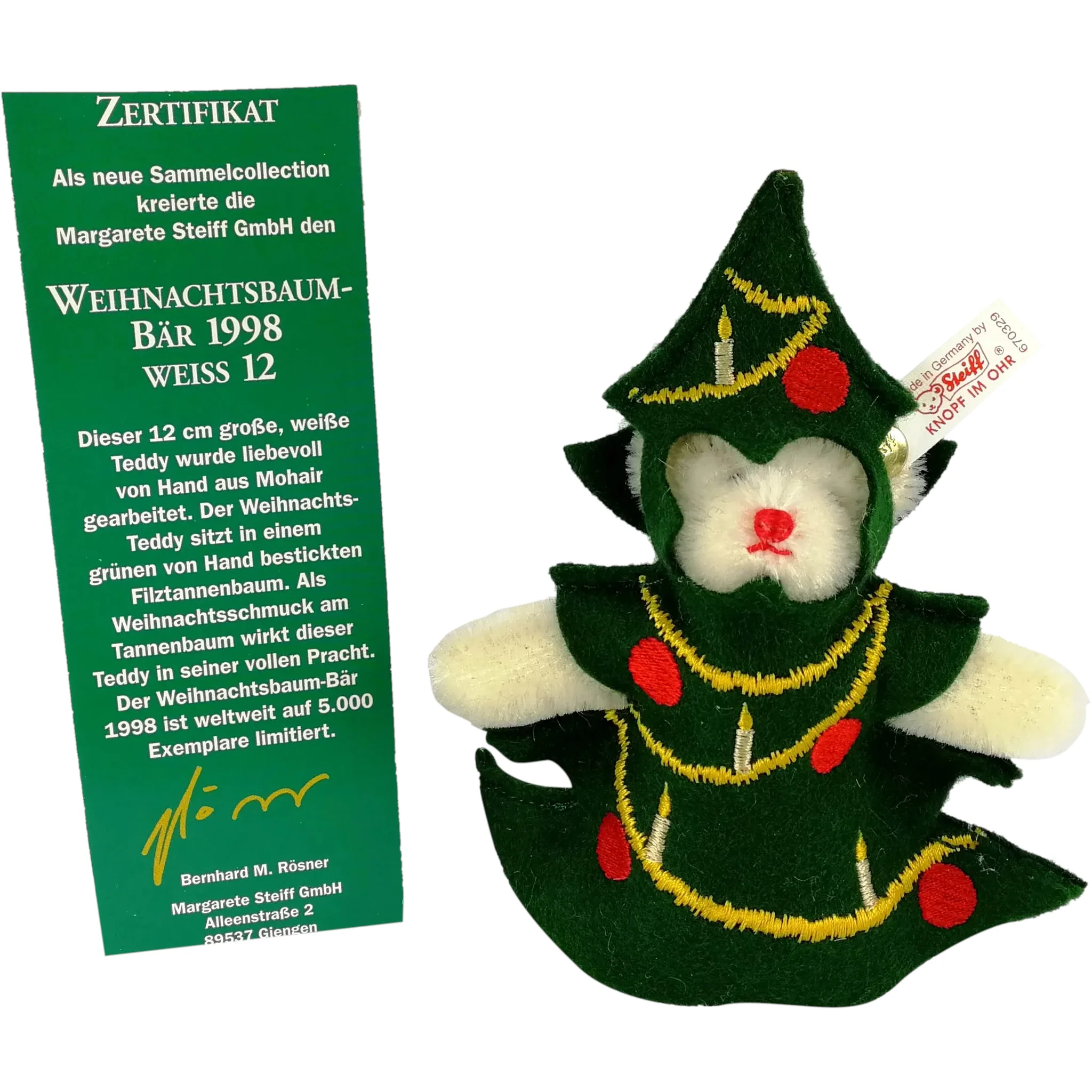 Steiff Christmas Tree Teddy Bear ornament mint 4 inches vintage