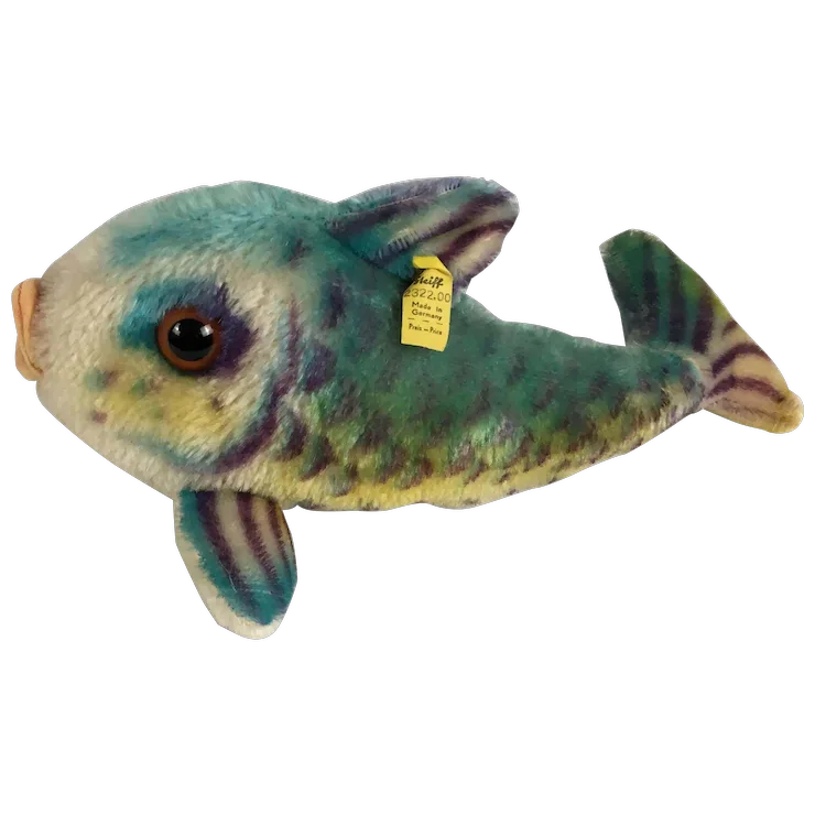 1960 Steiff Flossy Fish Mohair Blue 28CM 11 inches Button and