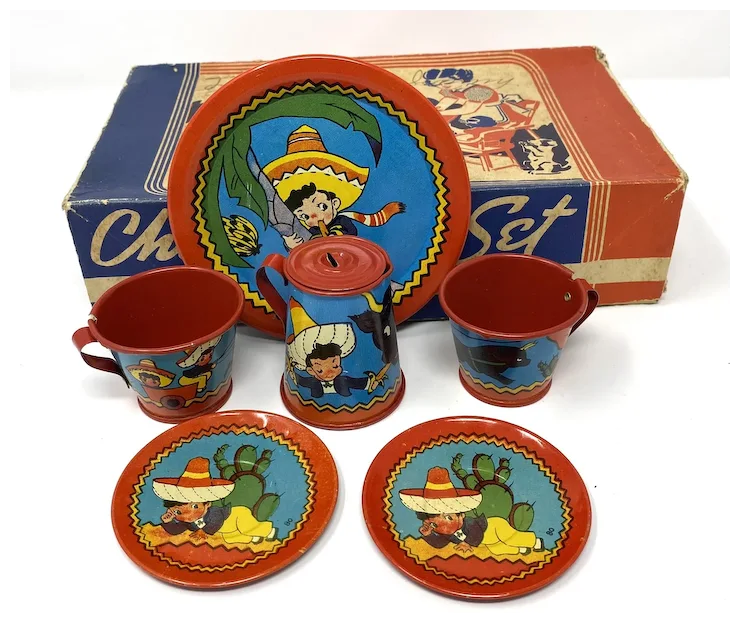 Vintage 1940s Ohio Art Tin Litho Tea Set – “Mexican Boys” #80 Mint