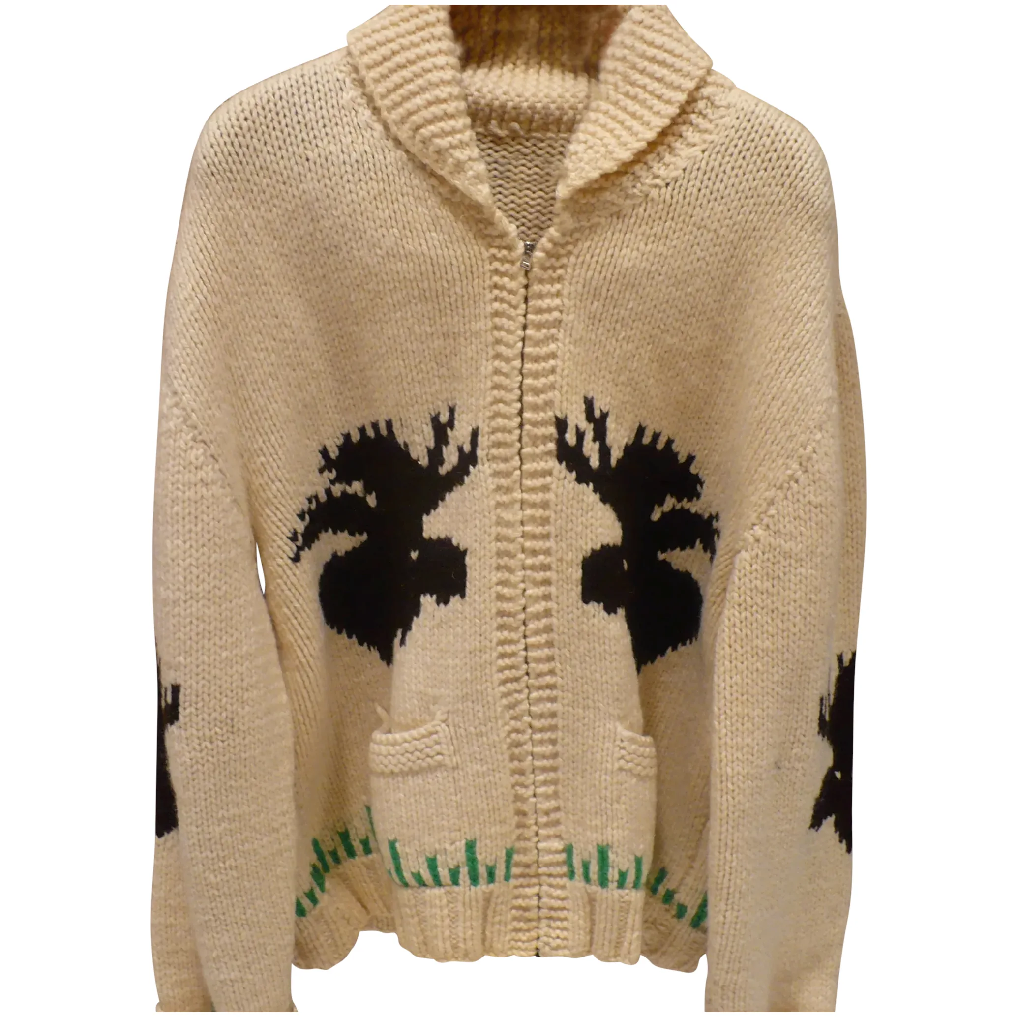 Cowichan Knit Zip Sweater Moose & Ducks. For Sale at Ruby Lane