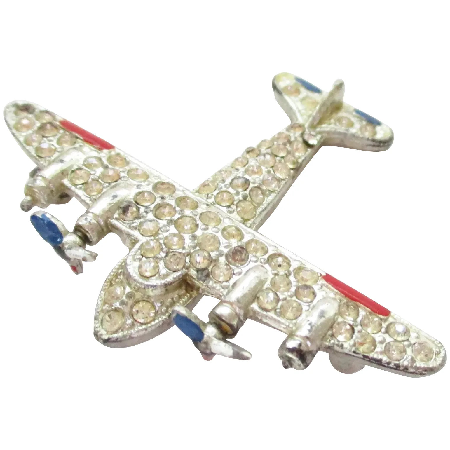 WWII Sweetheart Airplane Brooch Rhinestones Enamel Silver Pot