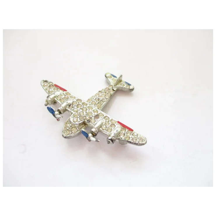 WWII Sweetheart Airplane Brooch Rhinestones Enamel Silver Pot