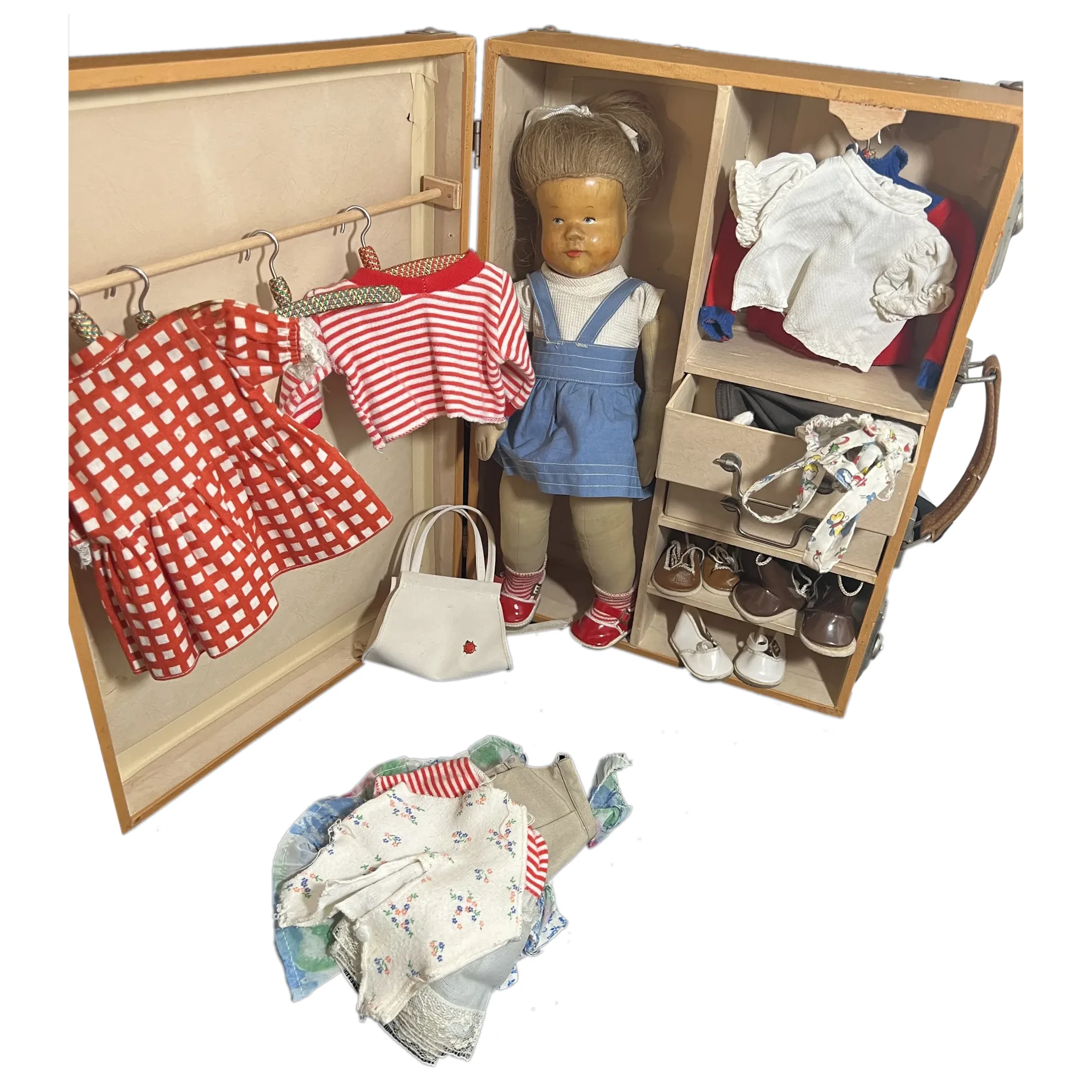 Antique Wood German Doll W/ Trunk and Wardrobe Clothes Shoes . For