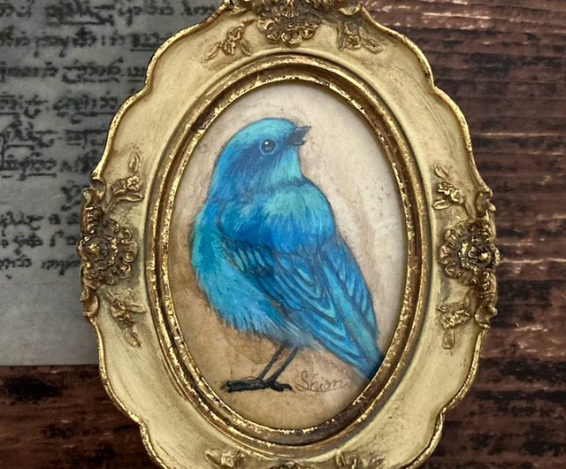 青い鳥の小さな絵,Aquamarine Marian,額縁付き,原画,アンティーク風