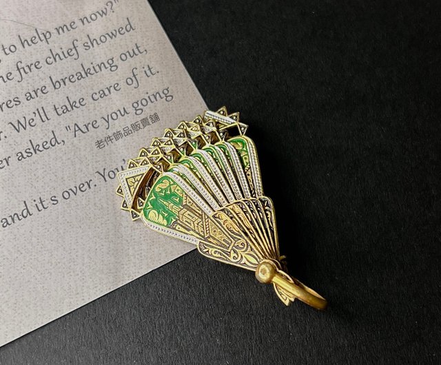 台湾 スペイン製 ダマスキナード 扇型エナメルブローチ/ペンダント