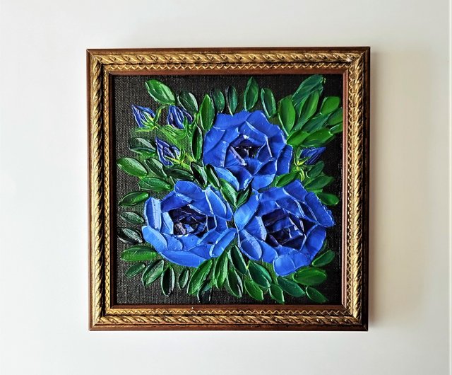 ロシア 手作りの青いバラのアクリル絵の具: テクスチャ付きのバラの花
