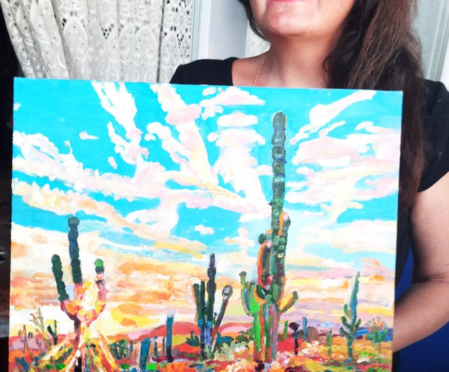 ロシア サボテンの絵画油畫原作オリジナルアート手工油畫インパスト