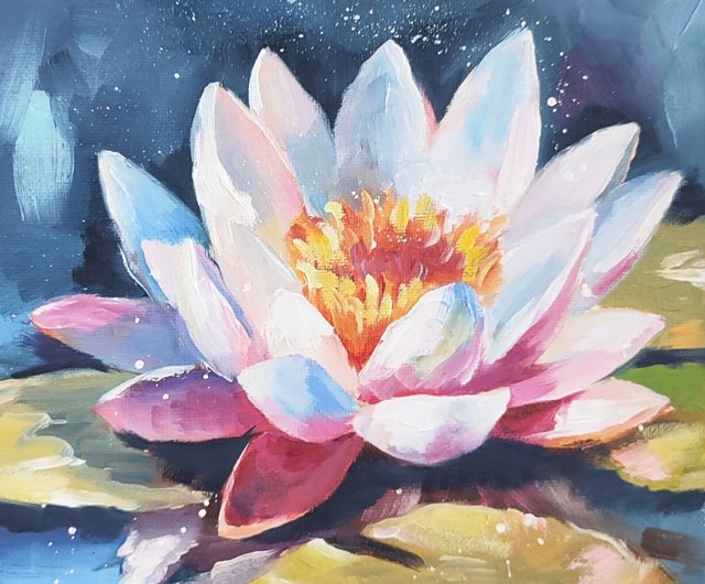 ロシア 蓮 オイルペインティング 蓮 原画 ピンクの花 アートワーク