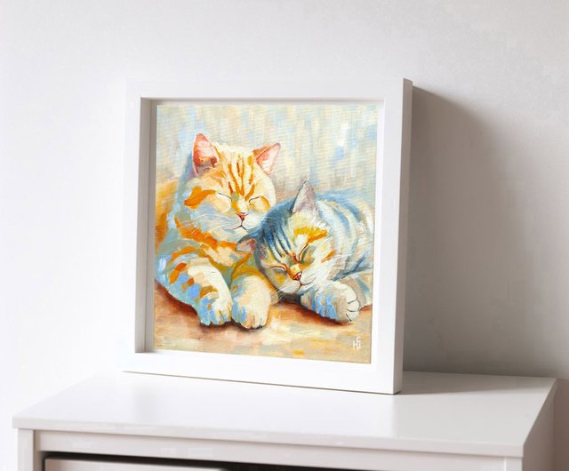 10%OFF】ロシア 眠っている猫の絵画、カップルのオリジナルアート