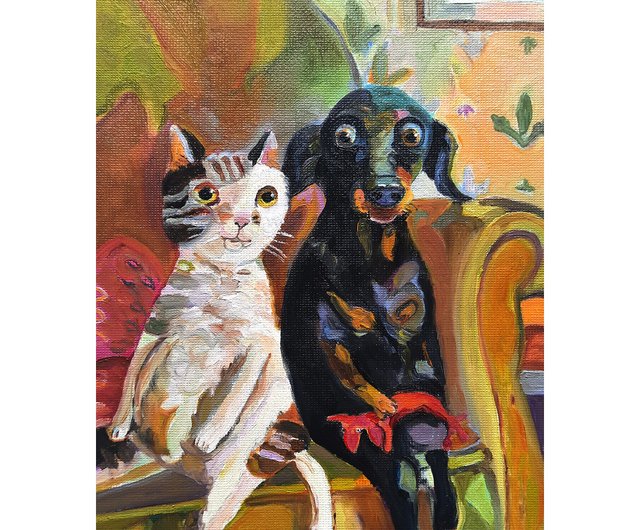 送料無料】ロシア 猫と犬の絵画 オリジナルアート 段ボールに描かれた