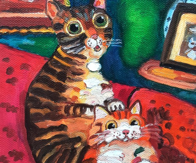 送料無料】ロシア 2匹の猫の絵 オリジナルアート キャンバスに描かれた