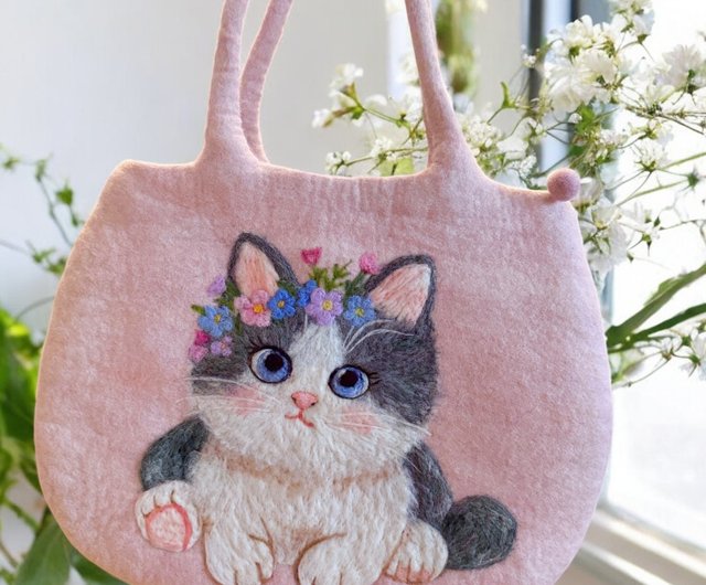 台湾 手作りニードルフェルト 羊毛フェルトショルダーバッグ 猫ちゃん