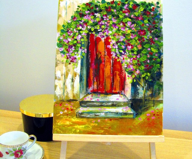 ラトビア オリジナル油絵レッドオールドドア小さなストレッチ