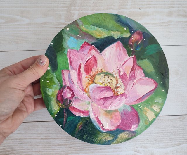 ロシア 蓮の油絵 蓮のオリジナルアート ピンクの花のアートワーク 仏教