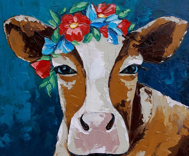 送料無料】ロシア 牛の絵画 農場の動物 オリジナルアート 小さな油絵