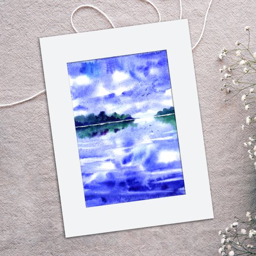 フィンランド オリジナルの水彩画の風景雲と湖。細密画 雲