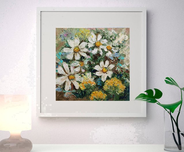 10%OFF】ロシア ヒナギクの花束オリジナル油絵花の壁アート花の厚塗り