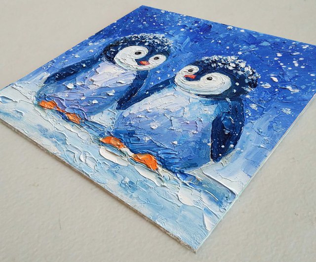 ロシア ペンギン絵画オリジナル鳥ウォールアート動物小さなアート