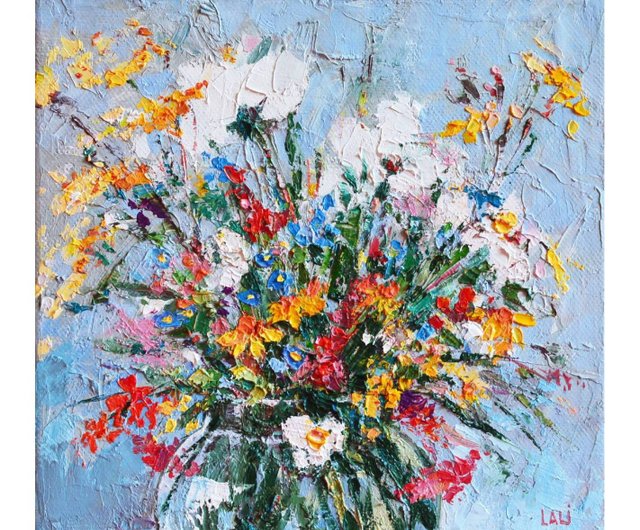 ベラルーシ 草原の花 オリジナル油絵 キャンバス厚塗り 20x20cm モダン