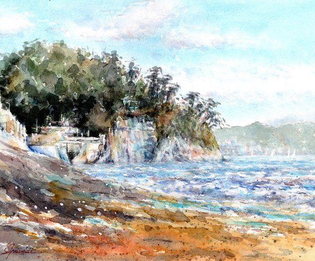 送料無料】水彩画風景画 鎌倉・稲村ヶ崎海岸 松下勝明 - Pinkoi