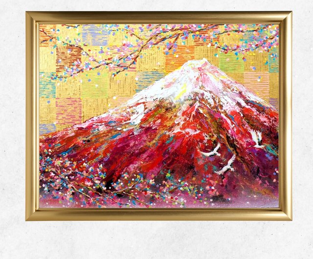 1点もの作品再販なし【赤富士と鶴の絵】 開運 幸運 日本風 日本の画家