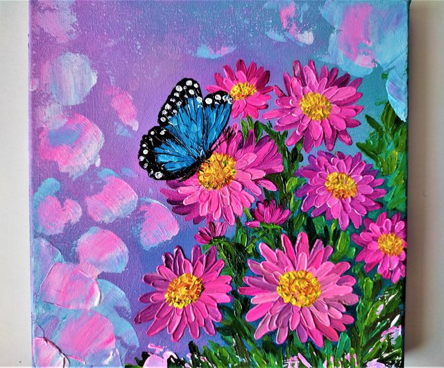 ロシア キャンバスに描かれた蝶の絵 壁飾り ピンク アスターの花 原画