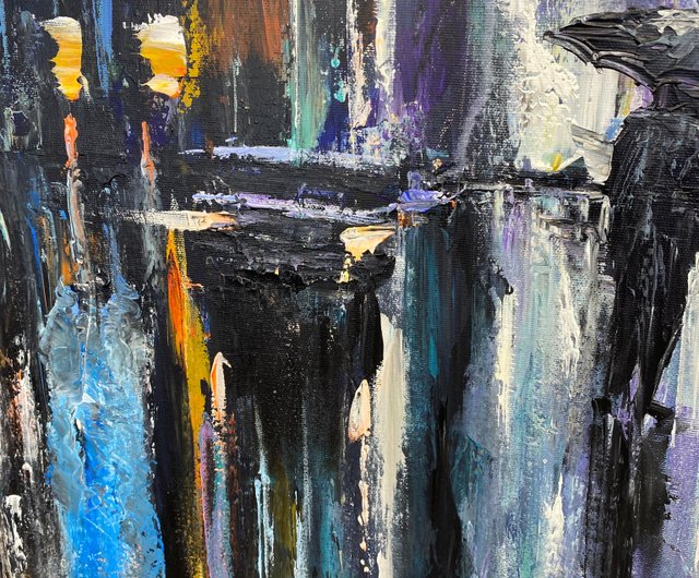 送料無料】スペイン オリジナルの抽象的な夜の街の通りのキャンバスの