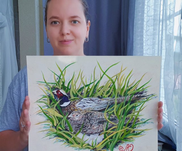 送料無料】ロシア キジの絵鳥の巣 原画鳥ウォールアート 動物アクリル