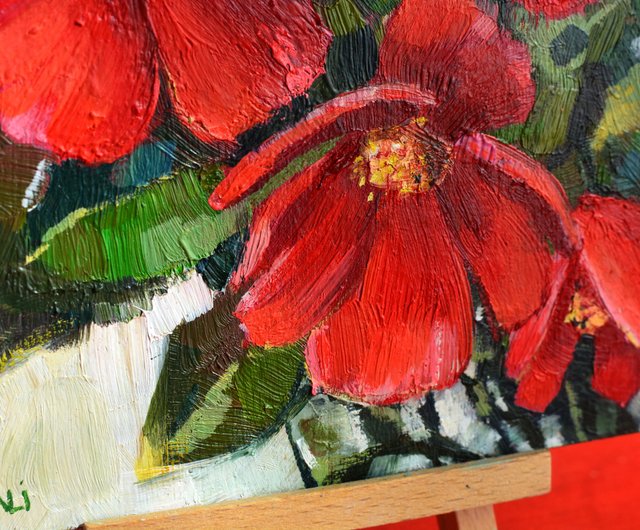 ベラルーシ 赤い花 オリジナル油絵 モダン絵画 13x13cm バルサミン絵画