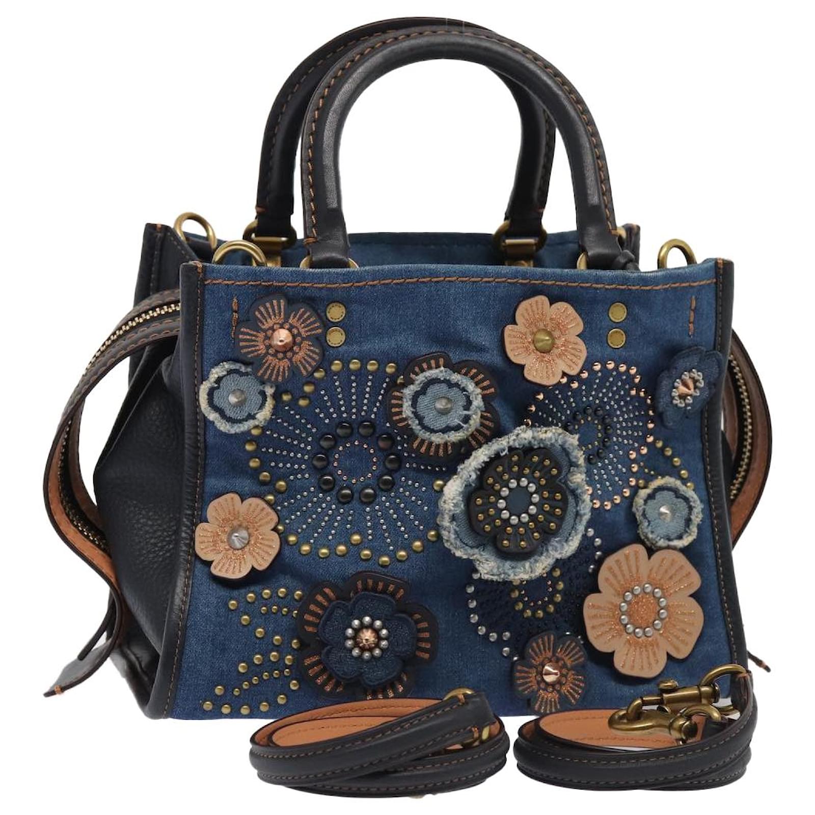 Coach Tea Rose Rogue 25 Hand Bag Denim 2way Blue Gold Auth am6757