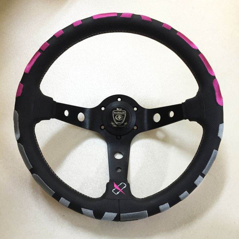 Vertex 1996 350mm Black Leather Pink and White Stitch Steering