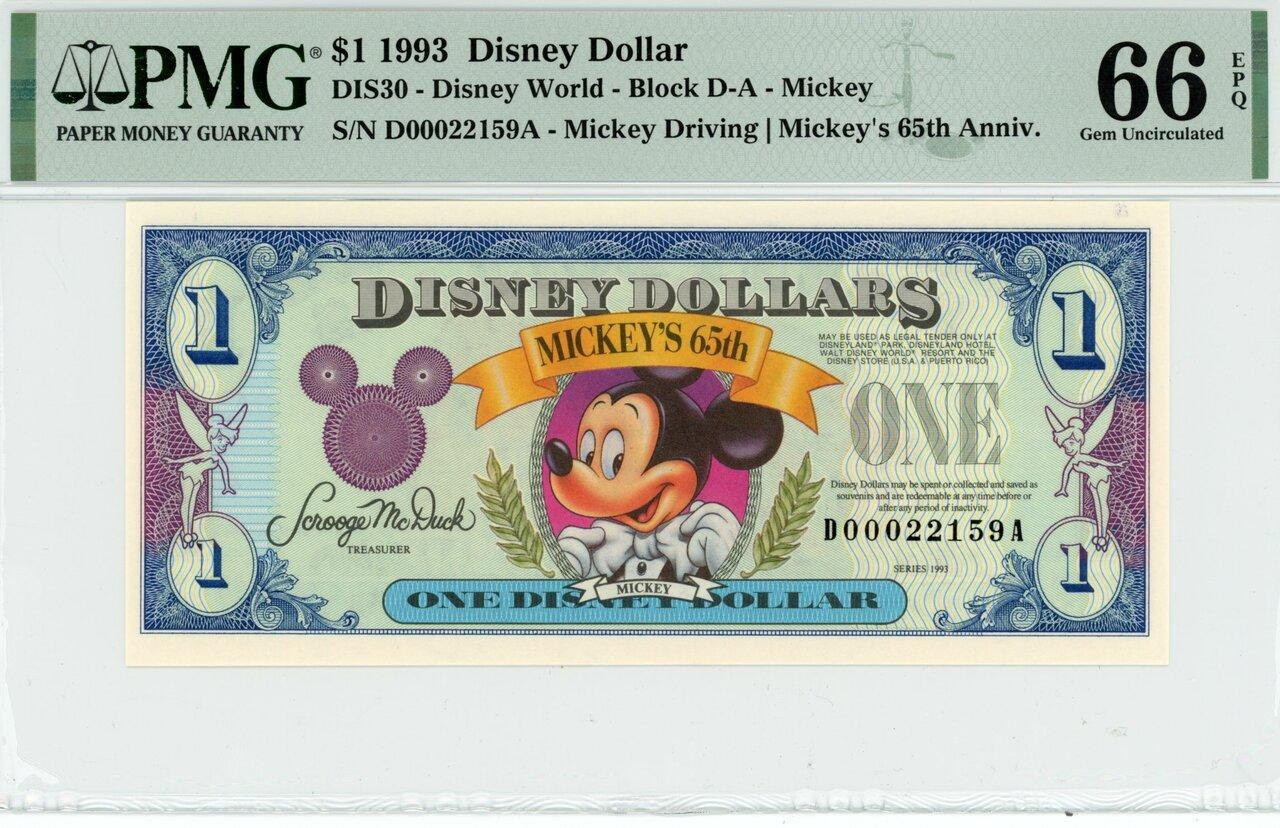 1993 $1 Disney Dollar Mickey 65th Anniv. PMG 66 EPQ (DIS30