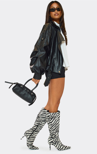 Zoology Pointed Toe Knee High Heeled Boot In Zebra Print Faux Fur