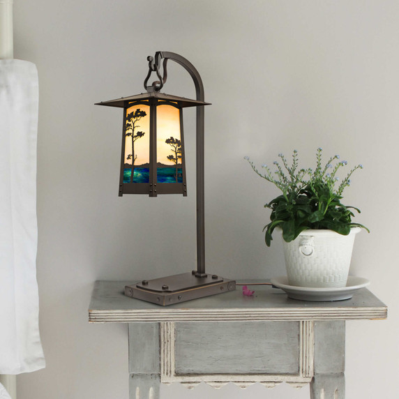 Rustic Arts & Crafts Hook Arm Table Lamp | Cobblestone Series