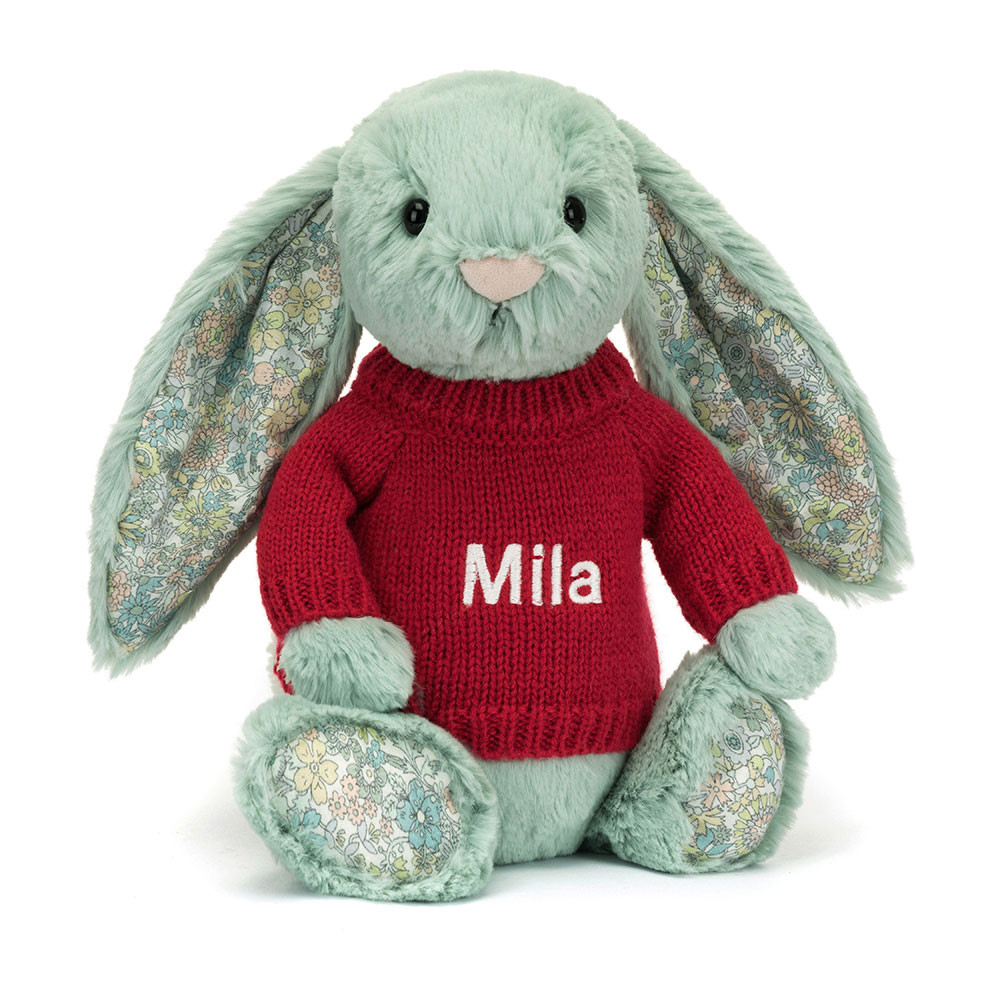 Blossom Sage Bunny with Personalized Red Jumper - Official Jellycat