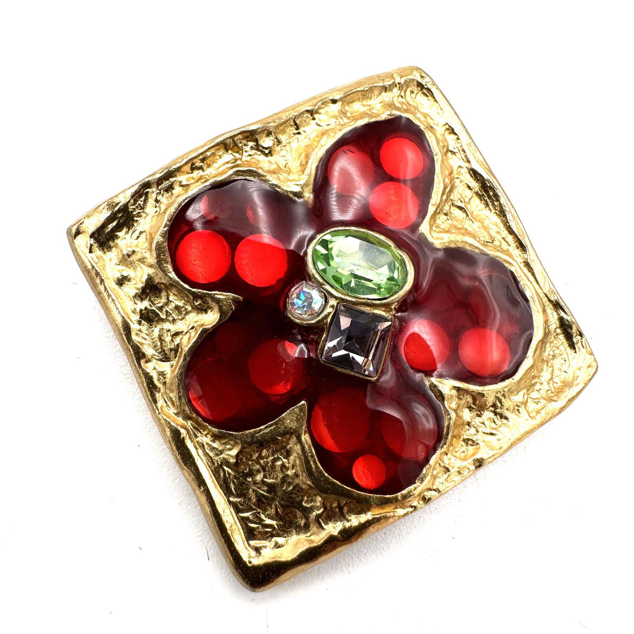 1990s Christian Lacroix Red Flower Rhinestone Detail Enamel Golden