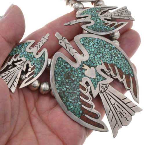 Turquoise Coral Chip Inlay Old Pawn Peyote Bird Squash Blossom