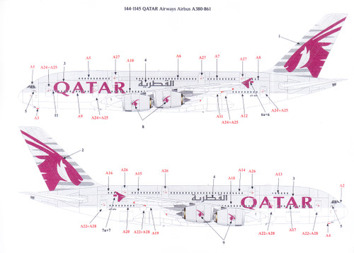 1/144 Scale Decal Qatar Airways A380-861 Silk Print with Detail Sheet