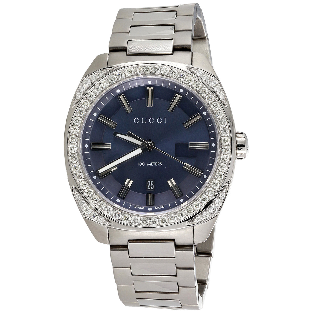 Mens New Gucci GC2570 Genuine Diamond Watch YA142303 Blue Dial