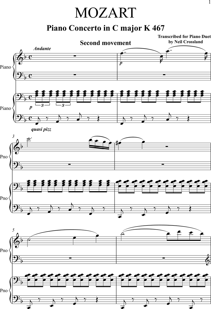 Mozart Piano Concerto No 21 'Eliva Madigan' for Piano Four Hands