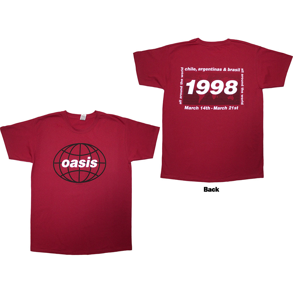 Oasis Unisex T-Shirt 1998 World Tour - South America (Red) (Back