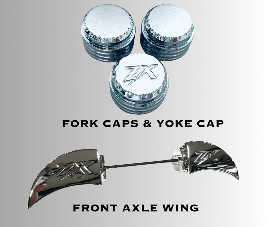CHROME “ZX” ENGRAVED FORK CAPS, YOKE CAP, & FRONT AXLE WING 06-24