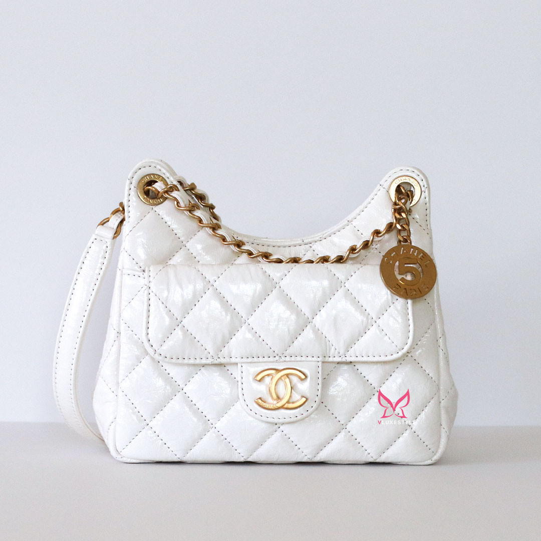 Chanel Small Hobo bag 23C White Quilted Shiny Crumpled Calfskin